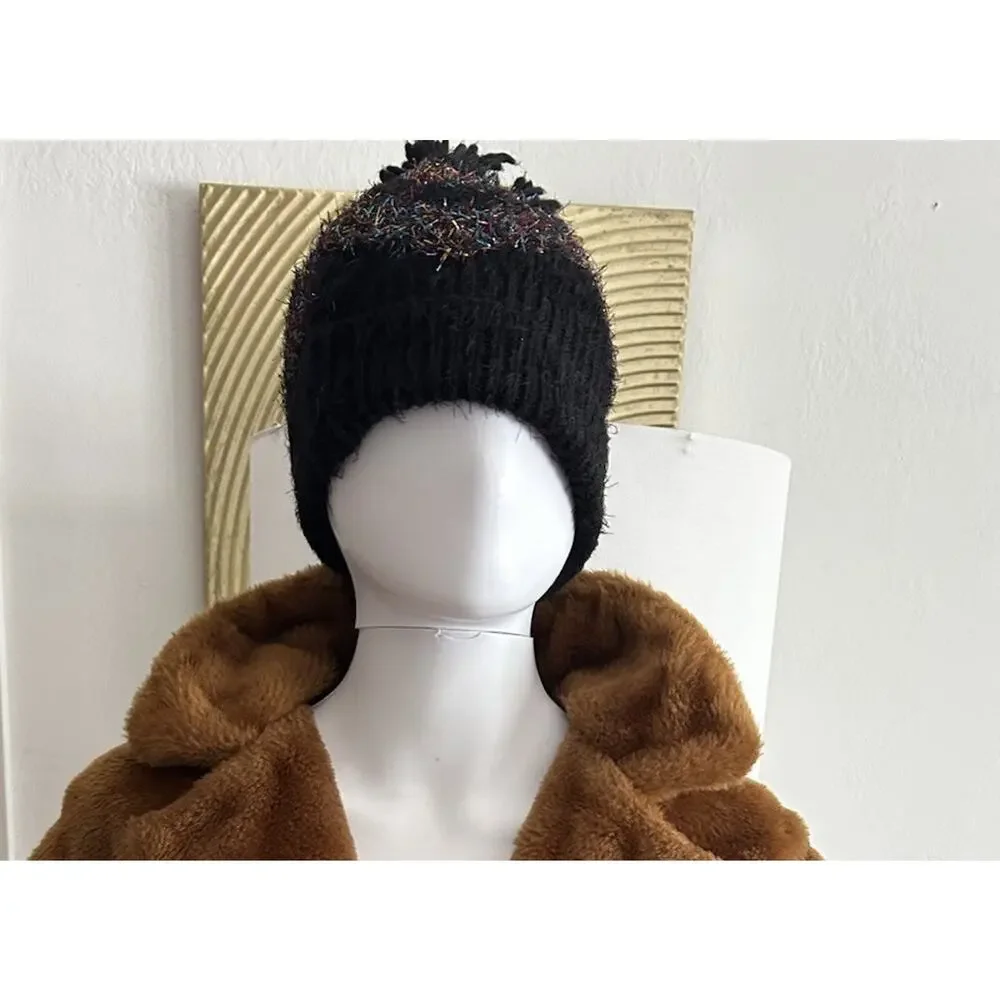 Zara Beanie Toque Womens One Size Black Glitter Zig Zag Knit Arylic Ski Pom